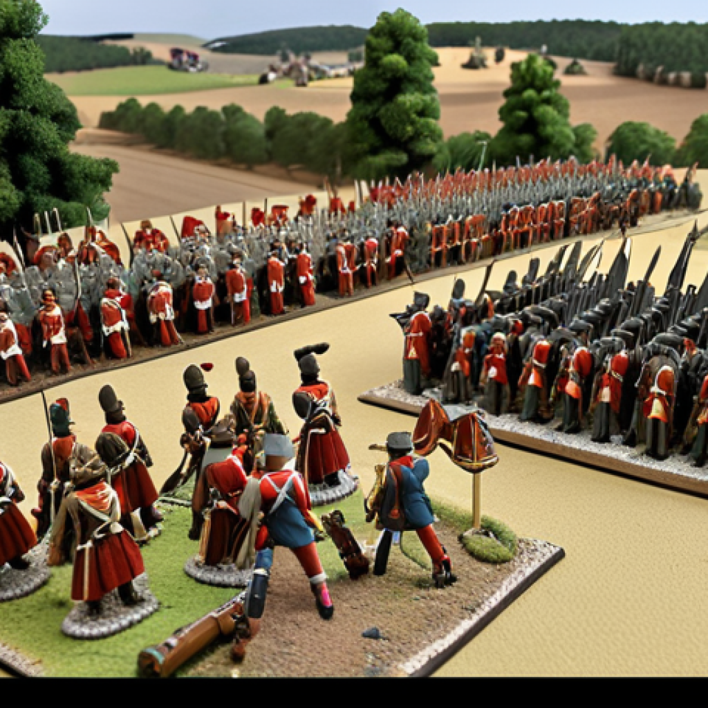 ** A detailed wargame setup depicting the Battle of Austerlitz. Focus on the historical accuracy of the uniforms, terrain, and miniature figures. Capture the intensity and strategic complexity of the battle. **