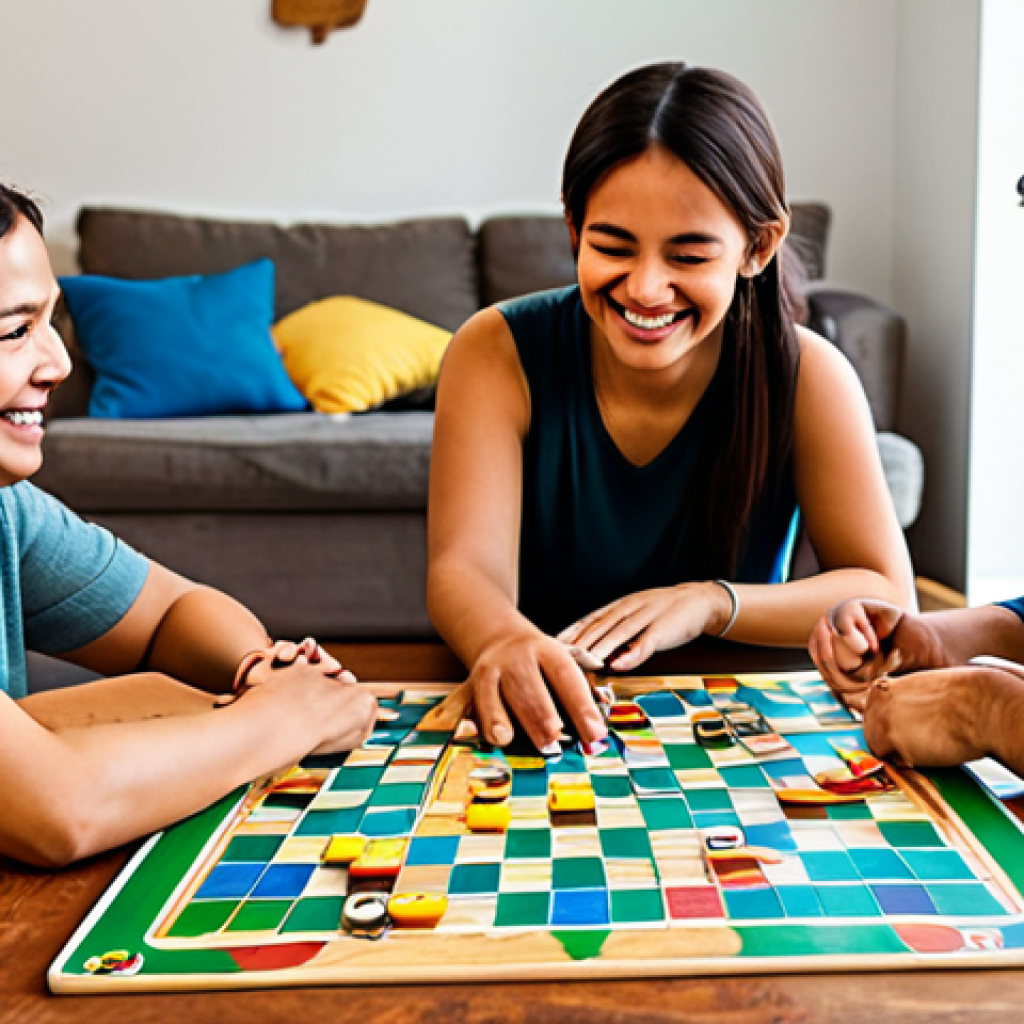 A diverse family, including parents and two children, fully clothed in modest, casual attire, are gathered around a wooden table in a warm, inviting living room. They are intensely engaged in a colorful cooperative board game, with various game pieces and cards spread out. Their faces are lit with genuine smiles, showcasing collaboration and shared joy. Hands are naturally placed on the game board, demonstrating active participation. The room is softly lit, creating a cozy and family-friendly atmosphere. This is a safe for work, appropriate content image, ensuring perfect anatomy, correct proportions, natural body proportions, and well-formed hands and proper finger count, captured with professional photography and high quality.