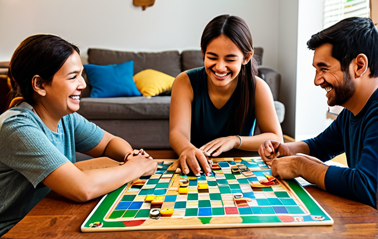 A diverse family, including parents and two children, fully clothed in modest, casual attire, are gathered around a wooden table in a warm, inviting living room. They are intensely engaged in a colorful cooperative board game, with various game pieces and cards spread out. Their faces are lit with genuine smiles, showcasing collaboration and shared joy. Hands are naturally placed on the game board, demonstrating active participation. The room is softly lit, creating a cozy and family-friendly atmosphere. This is a safe for work, appropriate content image, ensuring perfect anatomy, correct proportions, natural body proportions, and well-formed hands and proper finger count, captured with professional photography and high quality.