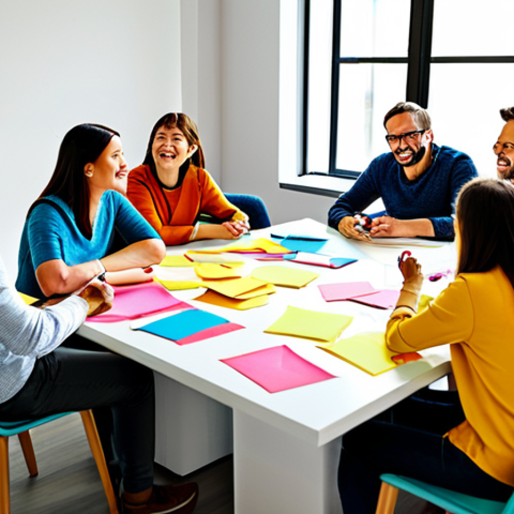Brainstorming Session** "A diverse group of people enthusiastically brainstorming around a table covered in colorful sticky notes and idea sketches. They are in a bright, modern office space, filled with natural light. Fully clothed, appropriate attire, safe for work, perfect anatomy, natural proportions, family-friendly, professional illustration, vibrant colors, high detail." **