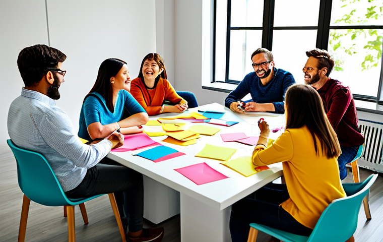 Brainstorming Session** "A diverse group of people enthusiastically brainstorming around a table covered in colorful sticky notes and idea sketches. They are in a bright, modern office space, filled with natural light. Fully clothed, appropriate attire, safe for work, perfect anatomy, natural proportions, family-friendly, professional illustration, vibrant colors, high detail." **