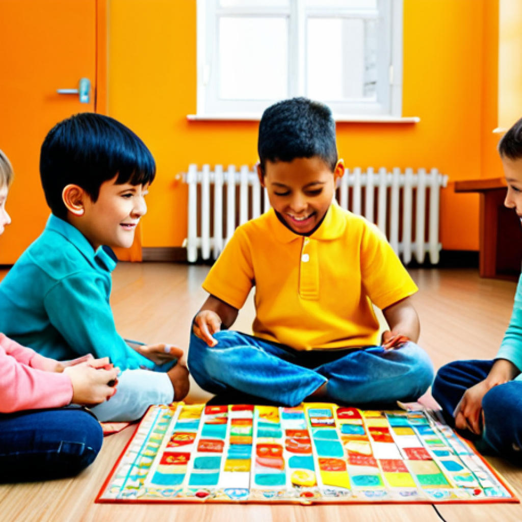 보드게임 연령별 추천 - **Prompt:** A group of children aged 4-5 sitting on the floor, playing a "Loto des Animaux" game tog...