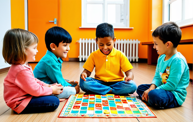 보드게임 연령별 추천 - **Prompt:** A group of children aged 4-5 sitting on the floor, playing a "Loto des Animaux" game tog...
