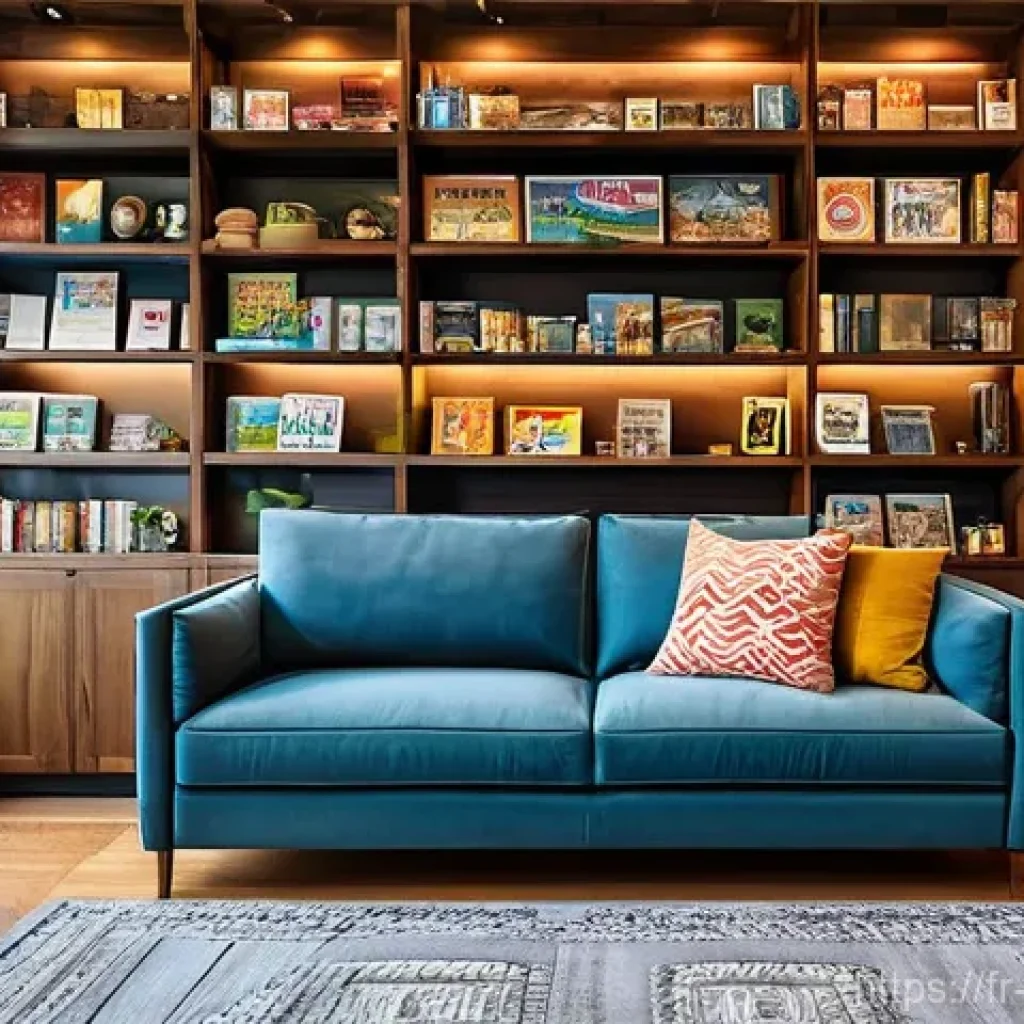 보드게임 수집 취미 - A cozy, modern urban living room featuring a beautifully organized board game collection. Floor-to-c...