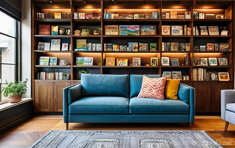 보드게임 수집 취미 - A cozy, modern urban living room featuring a beautifully organized board game collection. Floor-to-c...
