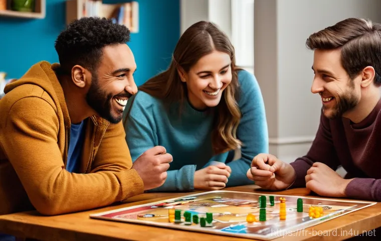 보드게임 페이스북 페이지 - **Prompt 1: Vibrant Board Game Night with Friends** "A diverse group of four friends, aged late ...