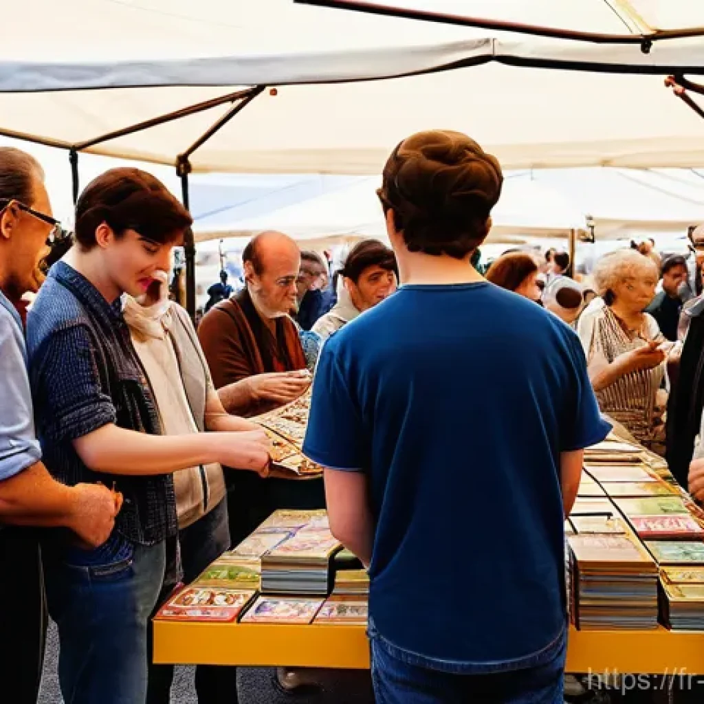 보드게임 중고 거래 - **Prompt:** "A vibrant scene at a bustling French 'vide-greniers' (flea market) or 'bourse aux jeux'...