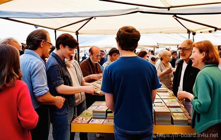 보드게임 중고 거래 - **Prompt:** "A vibrant scene at a bustling French 'vide-greniers' (flea market) or 'bourse aux jeux'...