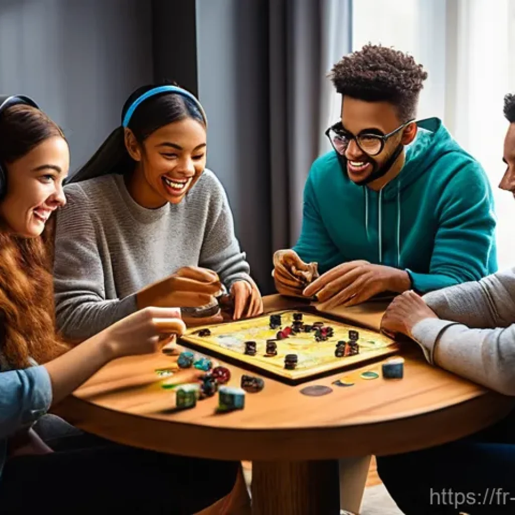 보드게임 온라인 플랫폼 - **Prompt:** A diverse group of four young adults (early 20s to early 30s), each in their own cozy an...