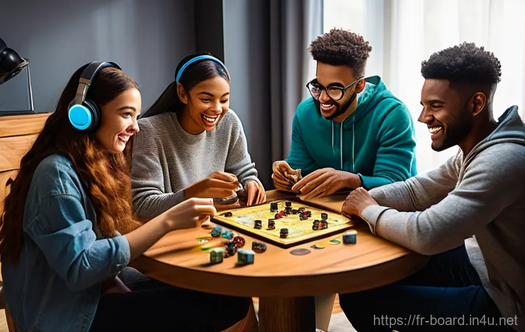 보드게임 온라인 플랫폼 - **Prompt:** A diverse group of four young adults (early 20s to early 30s), each in their own cozy an...