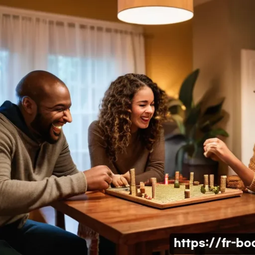 보드게임 테마별 추천 - **Prompt:** A vibrant, candid photograph capturing a diverse group of four friends (two men, two wom...