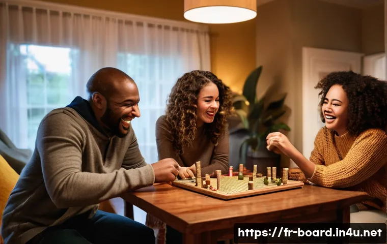 보드게임 테마별 추천 - **Prompt:** A vibrant, candid photograph capturing a diverse group of four friends (two men, two wom...