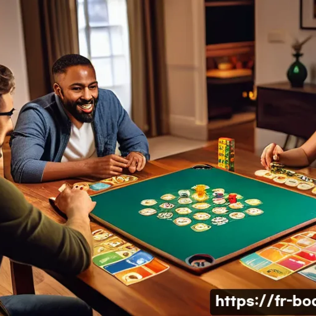 보드게임과 심층 분석 - A cozy and inviting living room scene with a diverse group of four adult friends sitting around a wo...