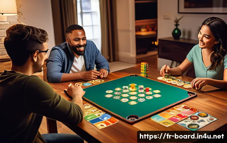 보드게임과 심층 분석 - A cozy and inviting living room scene with a diverse group of four adult friends sitting around a wo...