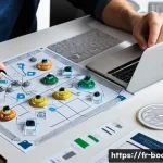 Home 22 보드게임 특허 정보 - A detailed, professional workspace showing an inventor carefully drafting a new board game mechanism...
