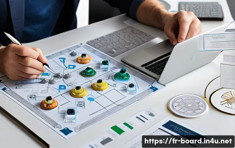 보드게임 특허 정보 - A detailed, professional workspace showing an inventor carefully drafting a new board game mechanism...
