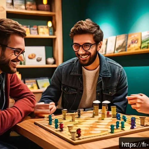 Home 32 보드게임 커뮤니티 활동 - A cozy and inviting board game café in a French neighborhood, warm wooden tables filled with diverse...