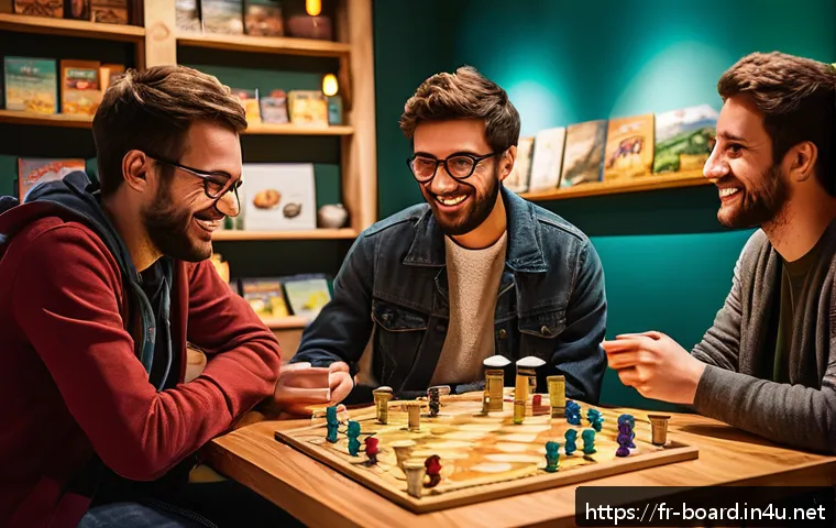 보드게임 커뮤니티 활동 - A cozy and inviting board game café in a French neighborhood, warm wooden tables filled with diverse...