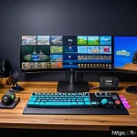 Home 19 보드게임 스트리밍 콘텐츠 - A cozy and professional board game streaming setup in a warmly lit room, featuring a streamer sittin...
