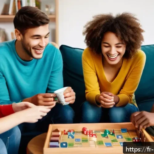 Home 30 보드게임 대여 서비스 - A cozy living room scene with a diverse group of friends, aged teens to adults, gathered around a co...