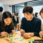 Home 23 보드게임 수출 성공 사례 - A vibrant board game launch event in a modern Seoul boutique, showcasing a diverse group of young Ko...