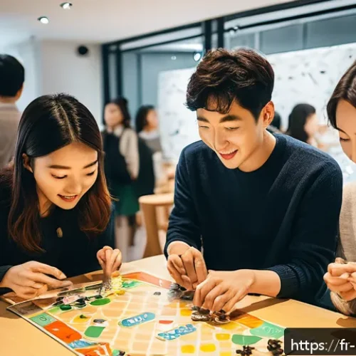Home 17 보드게임 수출 성공 사례 - A vibrant board game launch event in a modern Seoul boutique, showcasing a diverse group of young Ko...