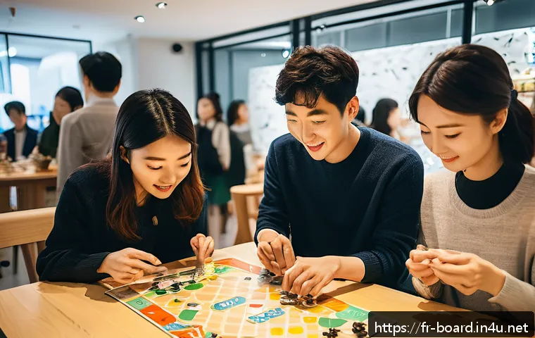 보드게임 수출 성공 사례 - A vibrant board game launch event in a modern Seoul boutique, showcasing a diverse group of young Ko...
