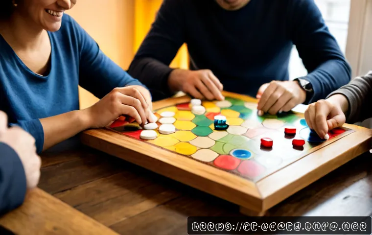 보드게임과 팀워크 - Photorealistic scene of four French friends in their 30s collaborating around a wooden dining table ...