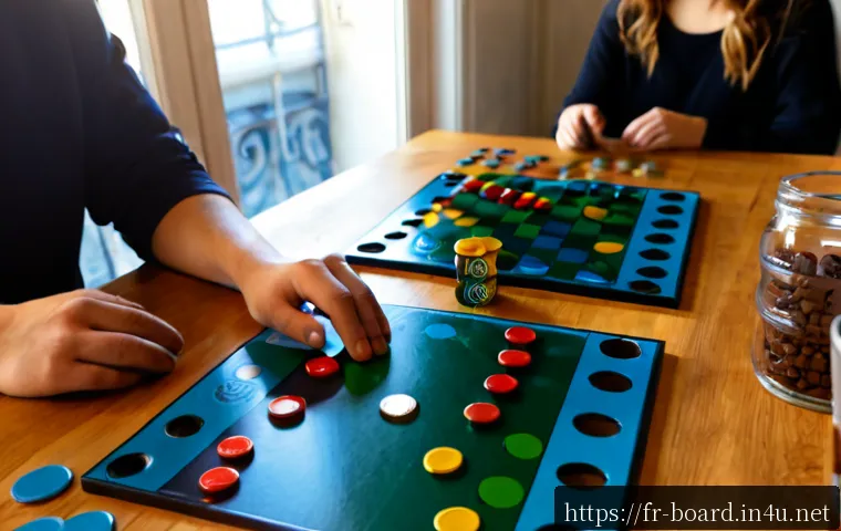 보드게임 광고 캠페인 - Photorealistic board game advertising campaign scene in a bright Parisian creative studio, diverse F...