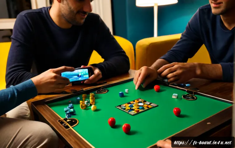 보드게임 모바일 앱 - Photorealistic cozy Paris apartment living room, three French friends gathered around a coffee table...